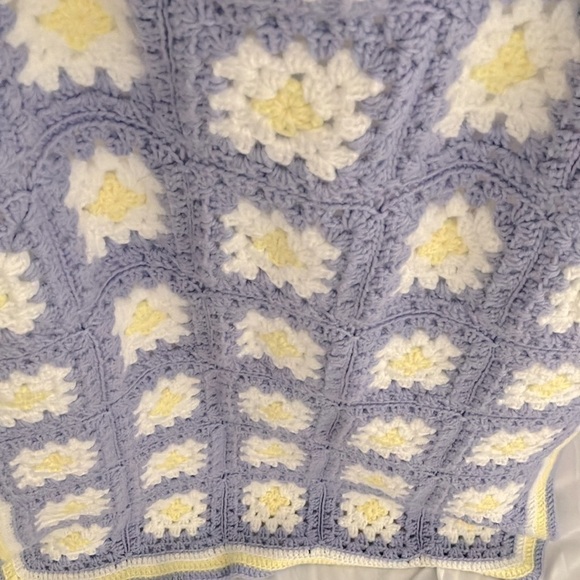 Blanket: Granny Square Blanket- pastel purple/pastel yellow/white- 50”x33” - Picture 10 of 12